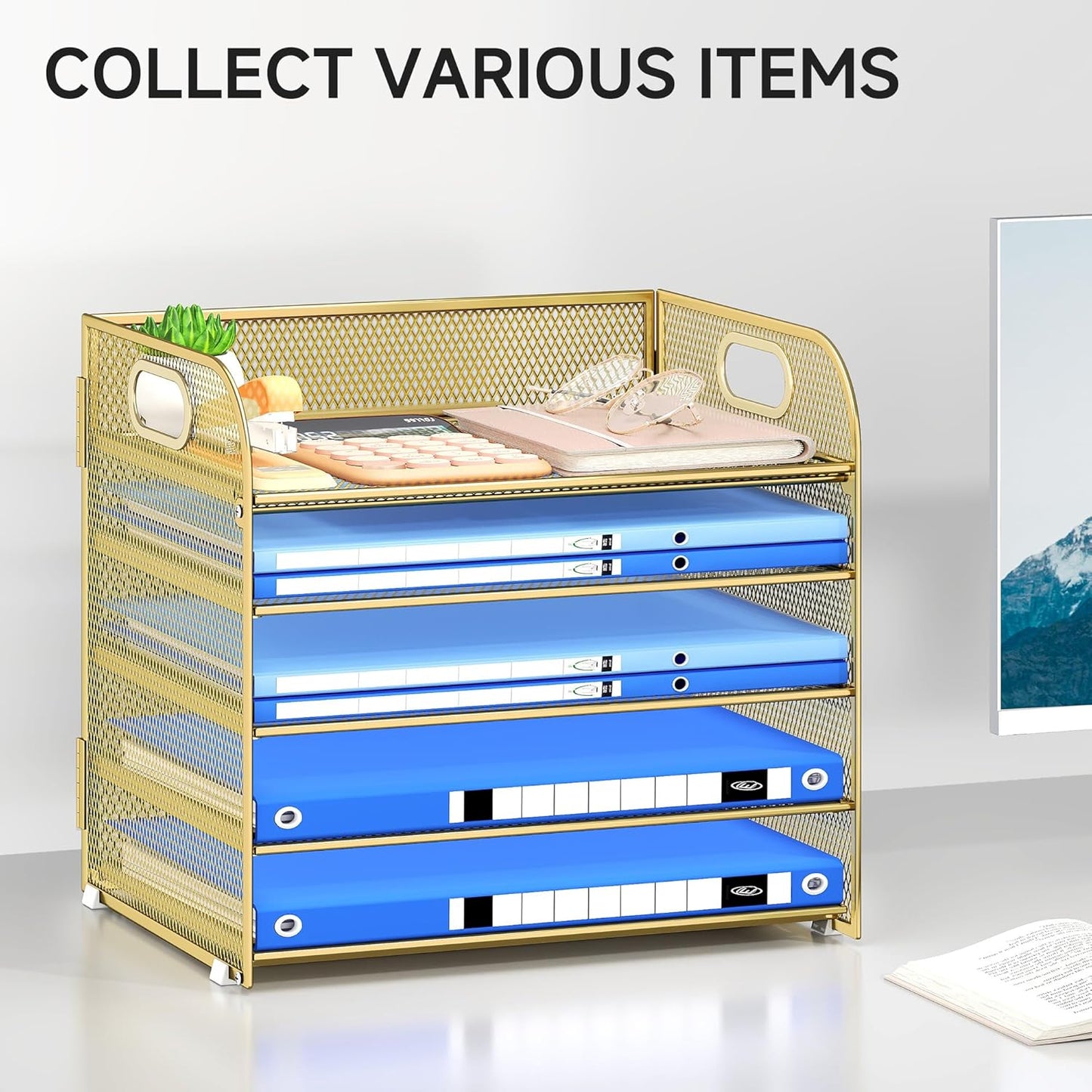 Paper Organizer Letter Tray with Handle, 5-Tier Black Stackable Desk Organizer with Metal Mesh, Sturdy Paper Tray for Office Desk, Home & Classroom Supplies Storage