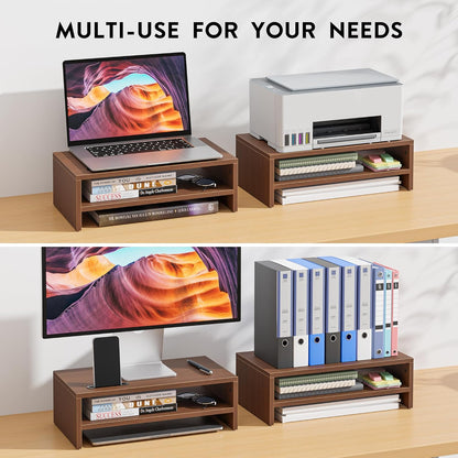 BONTEC Wooden Monitor Stand Riser, 2-Tier Desk Shelf with Storage Organizer, Ergonomic Computer Stand with Cable Management, Cellphone Holder, White, 16.5 Inch