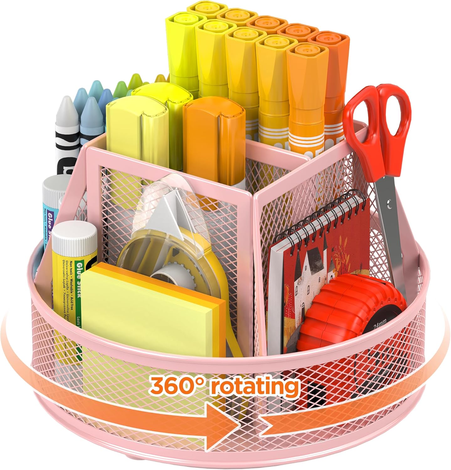 Docnest Mesh 360 Degree Rotating Pen Holder with 6 Compartment,Metal Pencil Cup Art Supply Storage Box Caddy,Teacher Stationery and Dorm Supplies Desk Organizer for Pencil,Sticky Note,Scissors-Pink