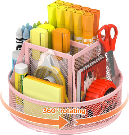 Docnest Mesh 360 Degree Rotating Pen Holder with 6 Compartment,Metal Pencil Cup Art Supply Storage Box Caddy,Teacher Stationery and Dorm Supplies Desk Organizer for Pencil,Sticky Note,Scissors-Pink