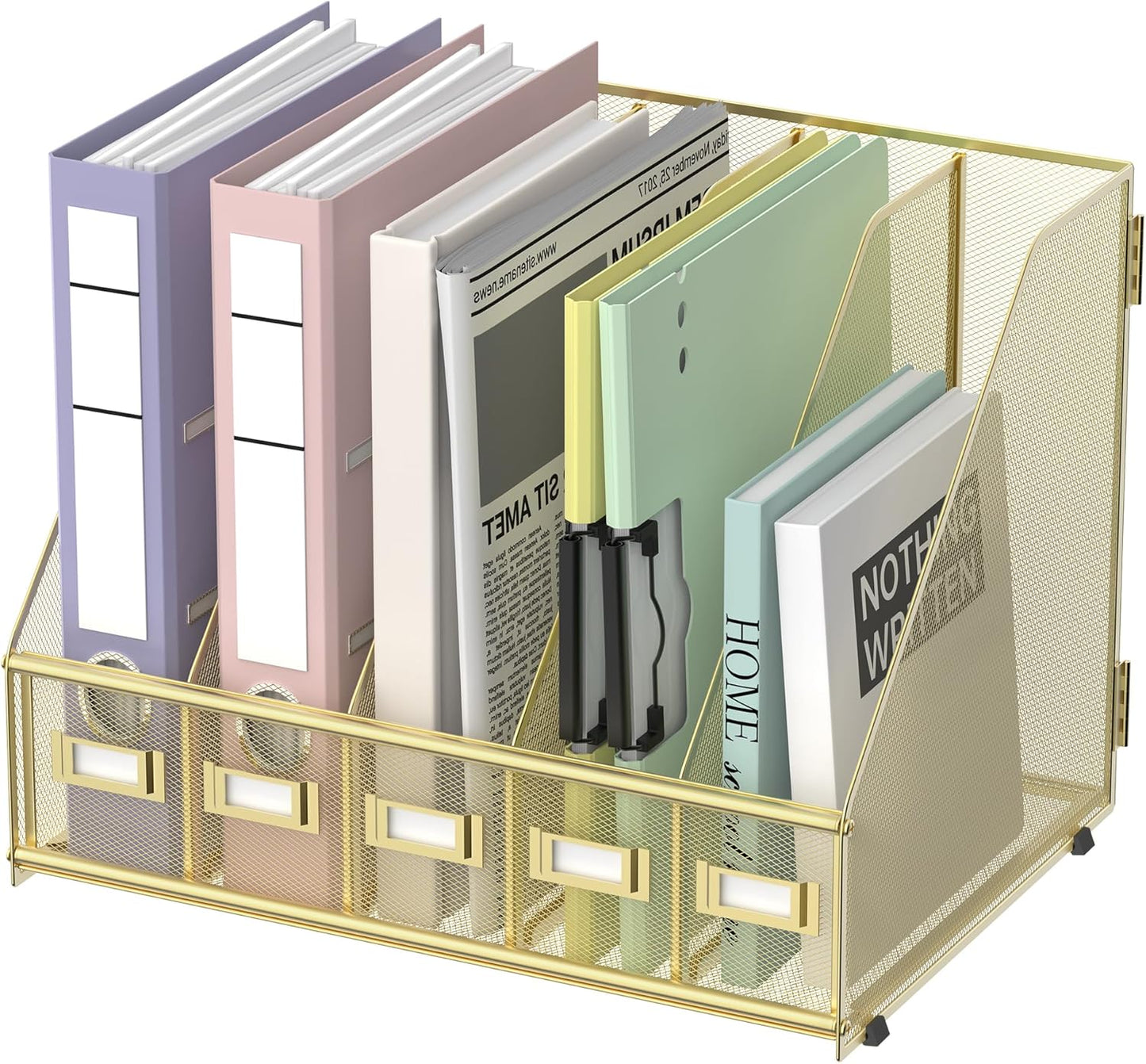 SUPEASY Desk Organizers Metal Desk Magazine File Holder with 5 Vertical Compartments Rack File Organizer for Office Desktop, Classroom, Home Workspace, Black