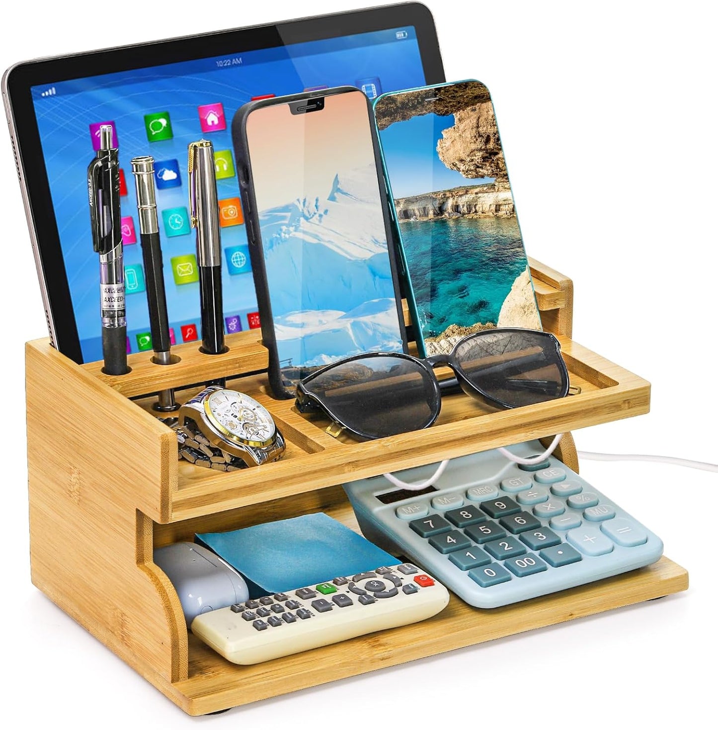 Yopay Nightstand Organizer for Men, Luxury Bamboo Phone Docking Station for Dad Husband, Charging Organizer Cell Phone Stand Tablet Stand for Boyfriend Graduation Office Father's Day