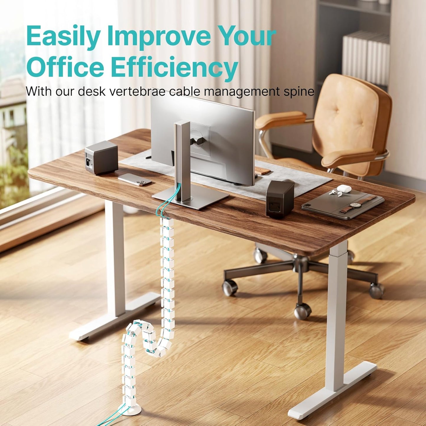 PEGZONE Under Desk Cable Management Spine – Flexible Cable Snake Organizer for Standing Desk, Tool-Free Magnetic Vertebrae Wire Management for 0.4"-2" Table, White