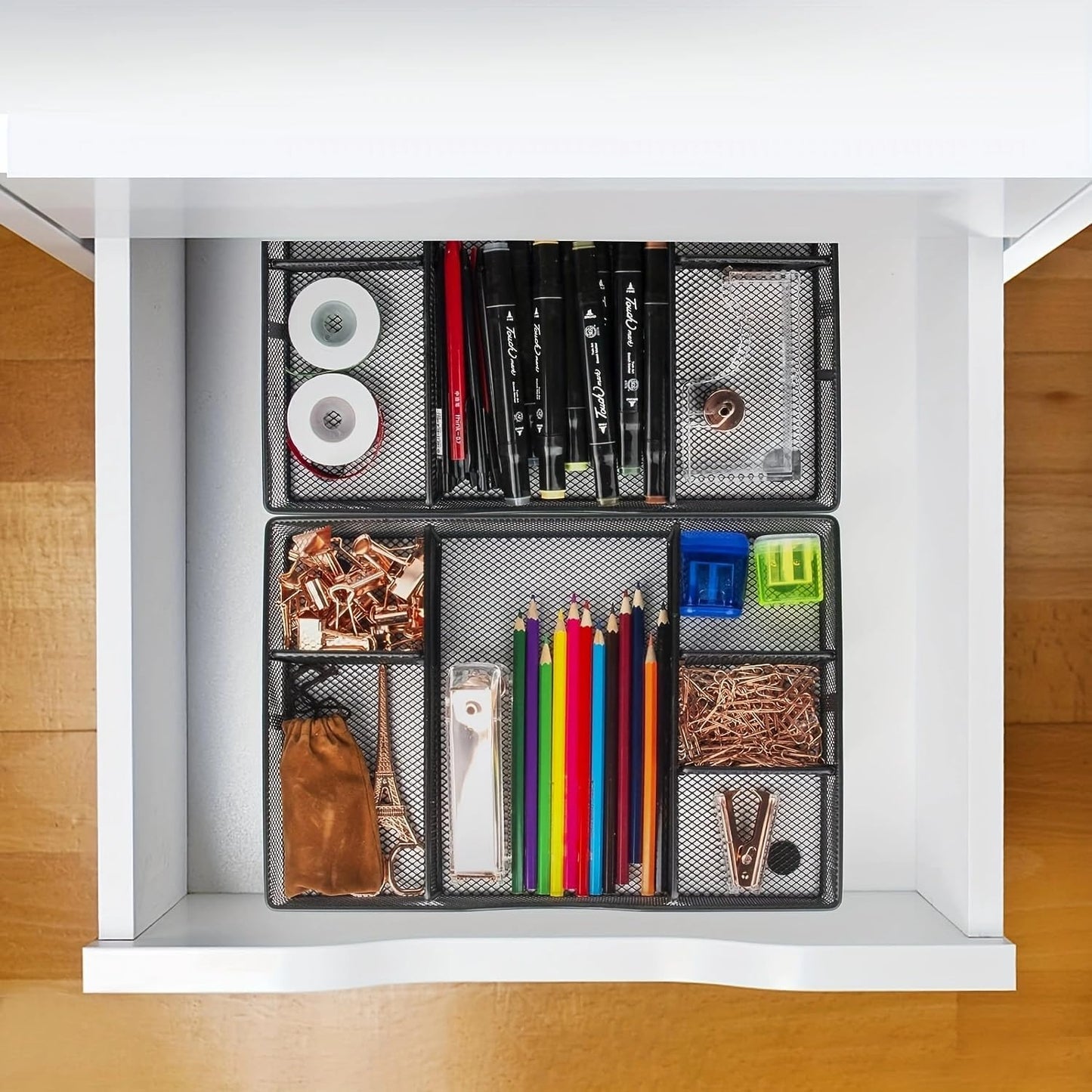 VyGrow Desk Drawer Organizer Tray, Metal Mesh Drawer Organizers Office, 6 Adjustable Compartment, Desk Organizer Tray for Home Office 12.87L x 8.73D x 1.96H inch, Black, 1PC Medium