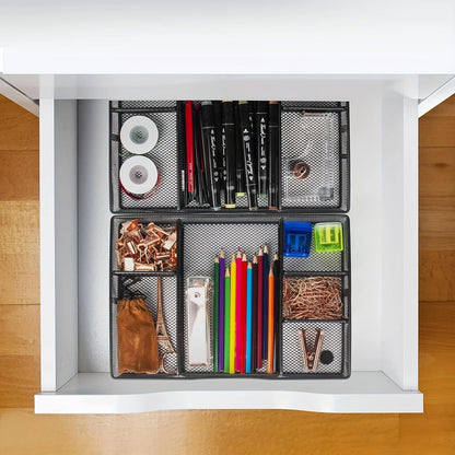 VyGrow Desk Drawer Organizer Tray, Metal Mesh Drawer Organizers Office, 6 Adjustable Compartment, Desk Organizer Tray for Home Office 12.87L x 8.73D x 1.96H inch, Black, 1PC Medium