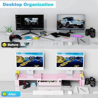 Spacrea Metal Desk Organizers and Accessories, Dual Monitor Stand Riser with Drawer and 2 Pen Holders, Book Racks, Desk Accessories & Workspace Desktop Organizers for Office Supplies (Black)