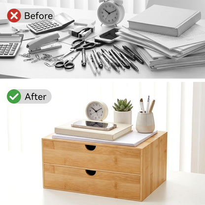 Desk Organizer with Drawers - Bamboo Desktop Organizer Storage | Wood Desk Drawers Organizer for Bills, Office Supplies, Cosmetics, Seals No Assembly Required (3 Drawer with Big Drawer)