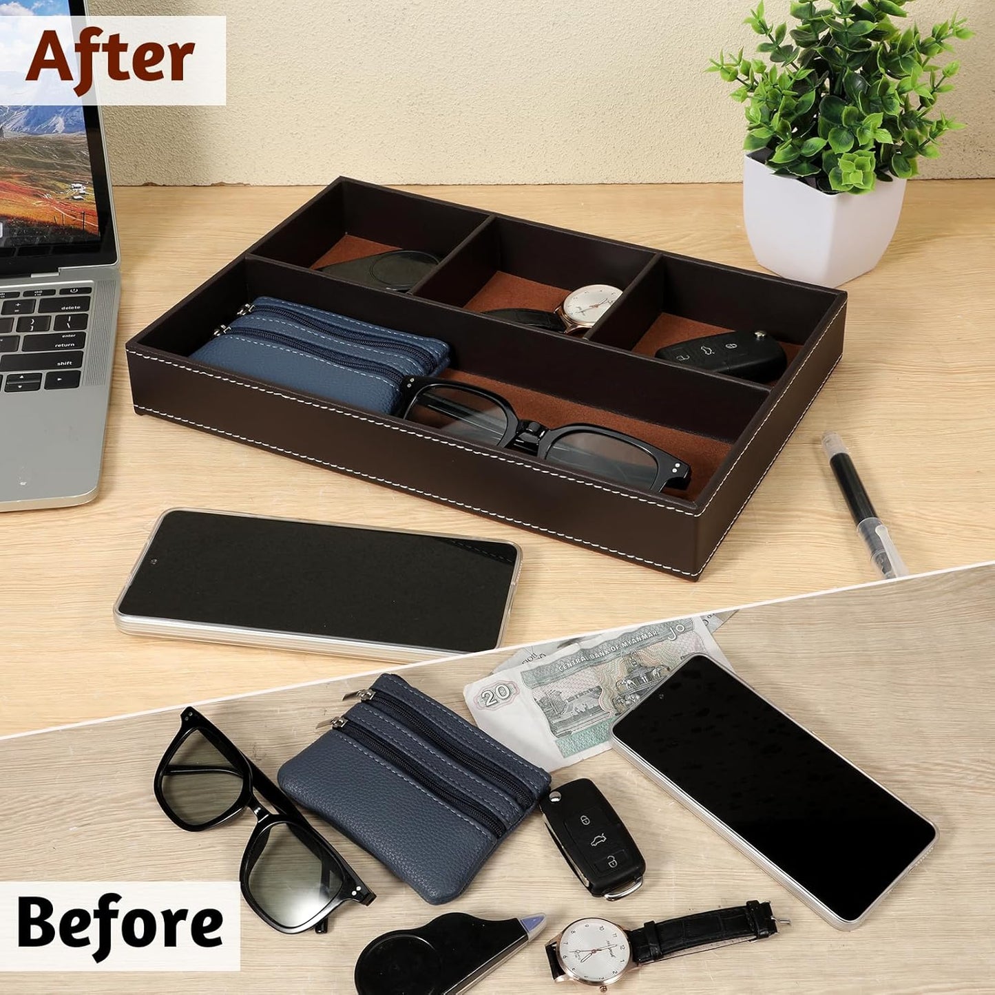 Faux Leather Valet Tray for Men, PU Leather Stackable Jewelry Tray, Men's Nightstand Caddy Trays, Valet Trays Desk Organizer for Key, Wallet, Phone, Coin, Sunglass, Watch, Brown
