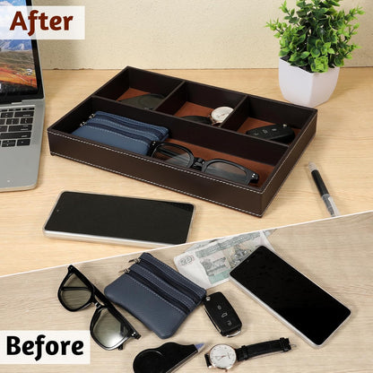 Faux Leather Valet Tray for Men, PU Leather Stackable Jewelry Tray, Men's Nightstand Caddy Trays, Valet Trays Desk Organizer for Key, Wallet, Phone, Coin, Sunglass, Watch, Brown