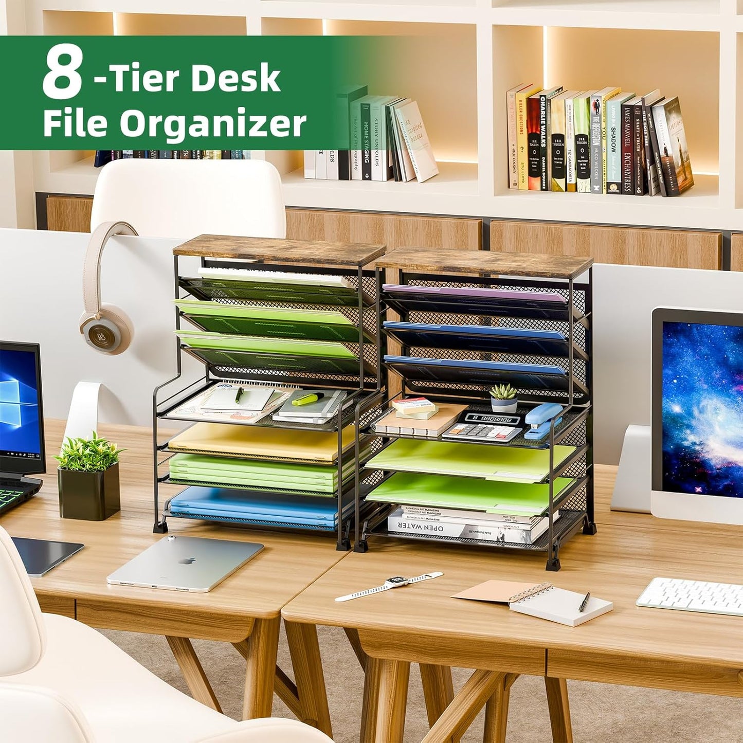 Simple Trending 7 Tier Desk File Organizer, Letter Tray Paper Organizer with Pen Holder and Metal Hanging Basket, Black