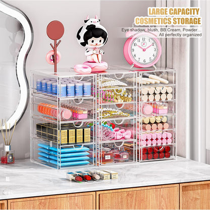 YFXCVSL Acrylic Makeup Organizer with 19 Drawers, 4 Pack Clear Storage Drawers, Bathroom Makeup Organizer for Palettes, Cosmetic, and Beauty Supplies,Ideal for Vanity, Cabinet,Desk Organization