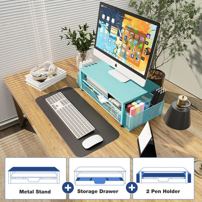 OPNICE Desk Organizer and Accessories, 2-Tier Computer Monitor Stand Riser with Drawer and 2 Pen Holders, Laptop Stand, Office Desk Accessories for Office Supplies, Black