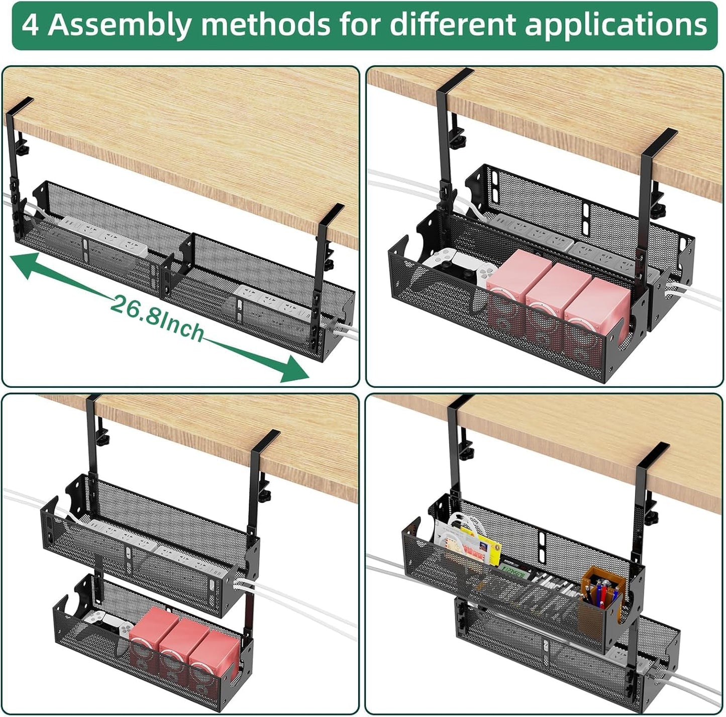 Multi-Model Under Desk Cable Management 2 Pack Metal Under Desk Wire Management Tray Clamp Mount Under Table Cord Management No Damage The Desk