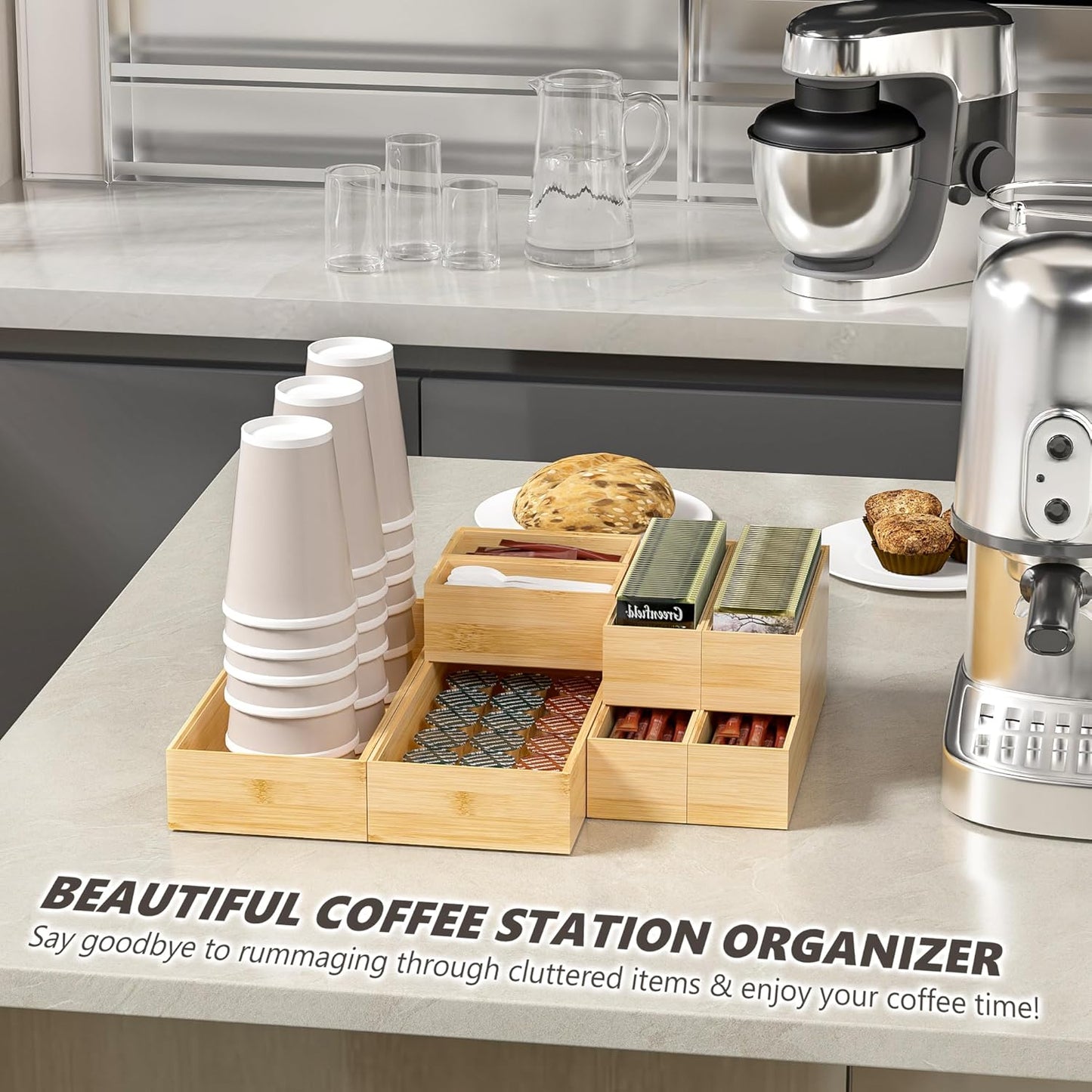Kitchen Drawer Organizer Bins, Stackable Bamboo Drawer Organizer for Silverware, Flatware, Coffee Pod Organizer K Cup Holder for Countertop, 2 Pcs Coffee Station Organizer 12" x 6" x 2.5"