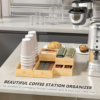 Kitchen Drawer Organizer Bins, Stackable Bamboo Drawer Organizer for Silverware, Flatware, Coffee Pod Organizer K Cup Holder for Countertop, 2 Pcs Coffee Station Organizer 12" x 6" x 2.5"