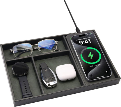 Valet Tray, Built in Wireless Charging Pad, Nightstand Organizer, Dresser Organizer, Mens Jewelry Box, Valet Charging Station, Faux Leather Valet Tray for Men and Women, (Black)