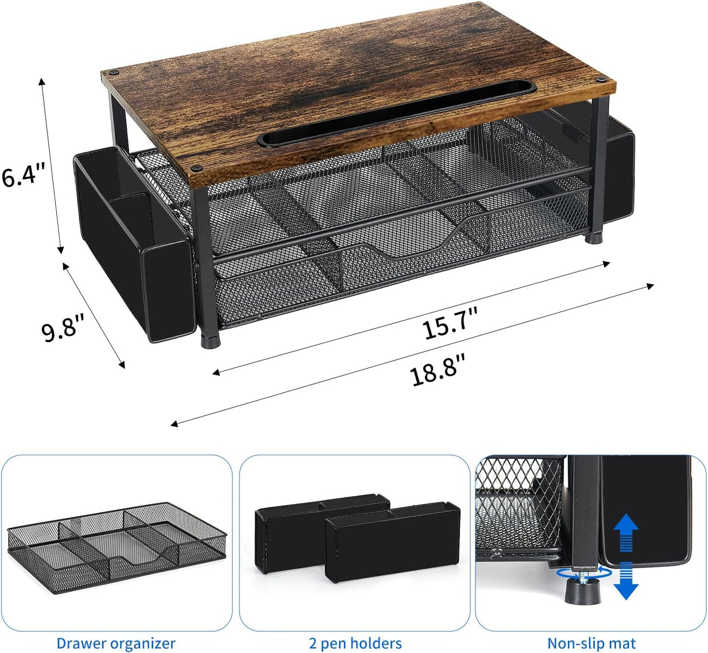 AUPSEN Wood Desk Organizers and Accessories, 2-Tier Computer Monitor Stand Riser with Drawer, Pen Storage & Phone Holder, Office Desk Accessories, Workspace Desktop Organization for Office Supplies（Brown）