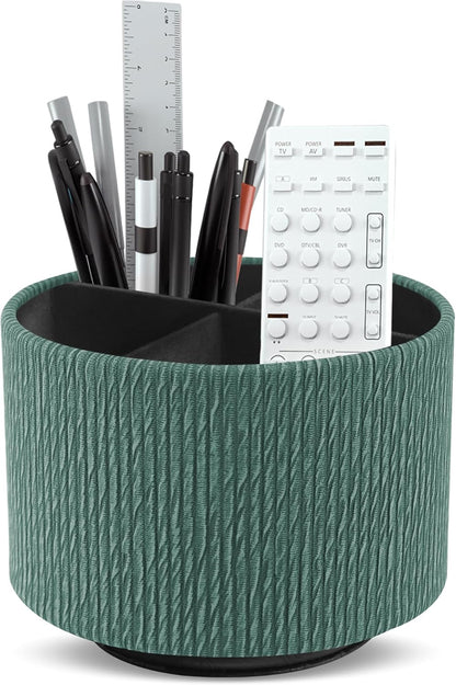 Hennaja Round Leather Art Supply Organizer,Remote Control Holder,360 Degree Rotating,Multi-Functional Pencil Holder,4 Compartments Desktop Stationary Organizer(1-Blue Bird) - Colors A