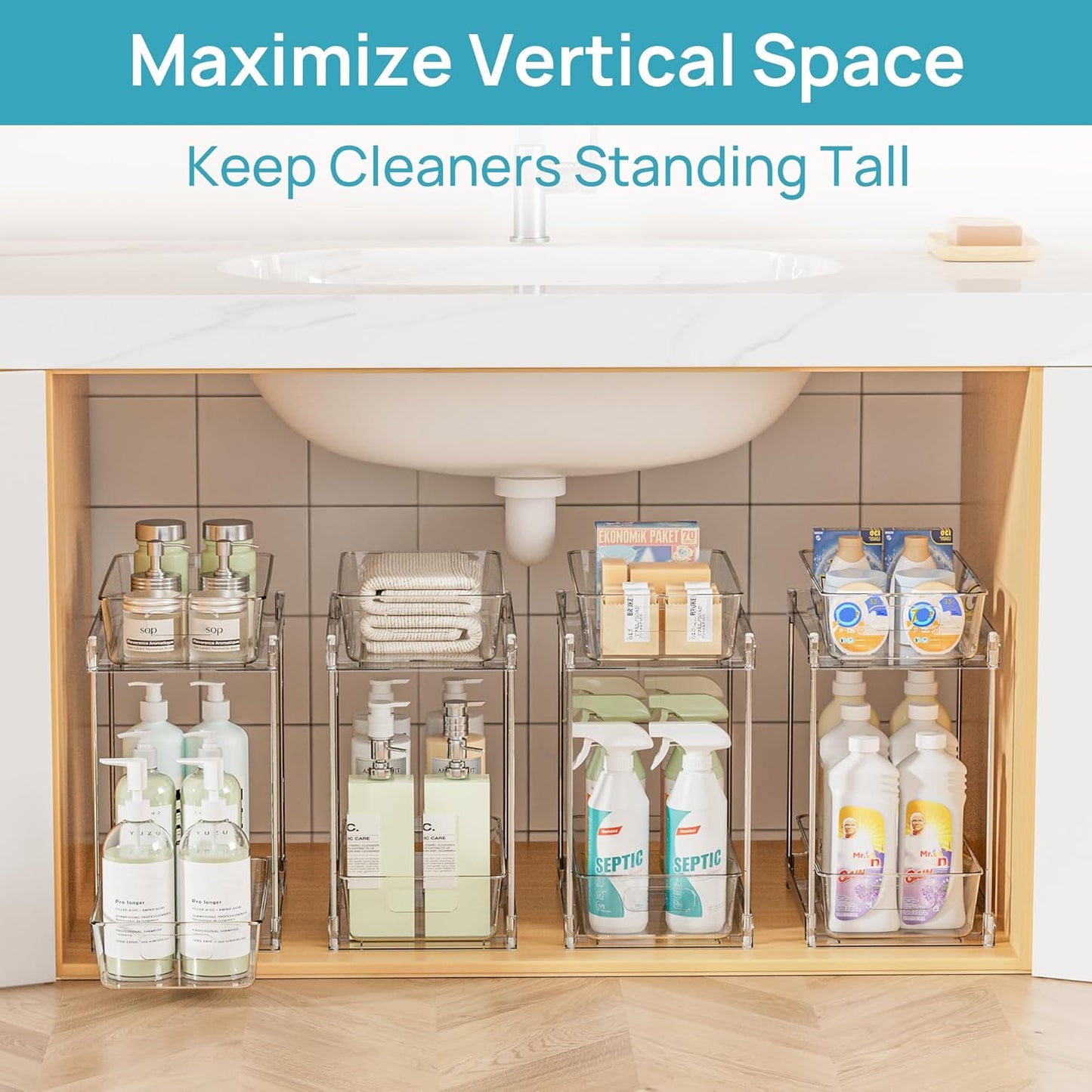 Vtopmart 4 Pack Bathroom Organizer, 2 Tier Clear Under Sink Organizers Vanity Countertop Storage Container,Cabinet Drawers Bins, Pull-Out Organization with Track for Pantry, Kitchen