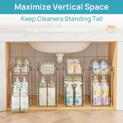 Vtopmart 4 Pack Bathroom Organizer, 2 Tier Clear Under Sink Organizers Vanity Countertop Storage Container,Cabinet Drawers Bins, Pull-Out Organization with Track for Pantry, Kitchen
