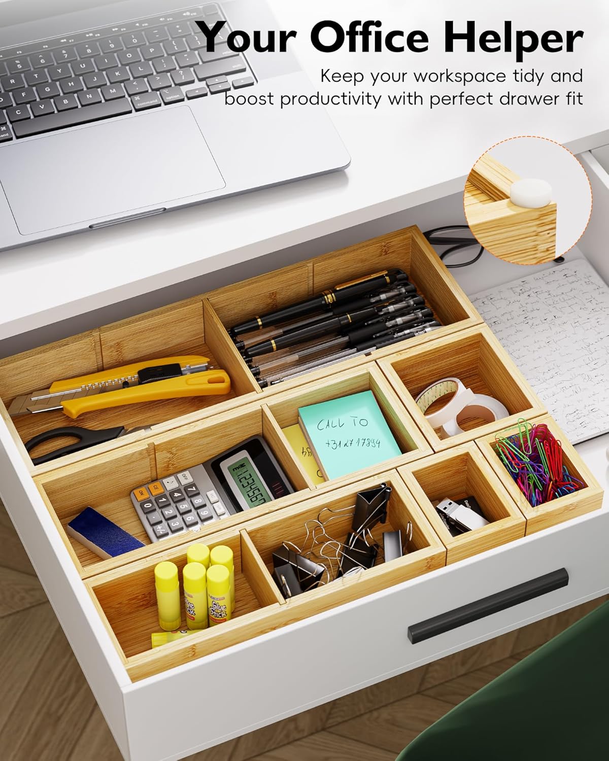 Bamboo Drawer Organizer with 9 Adjustable Compartments, Office Desk Organization Tray for Office Utensils, Supplies, Makeup, Jewelry, and More – Ideal for Desk or Drawer Storage