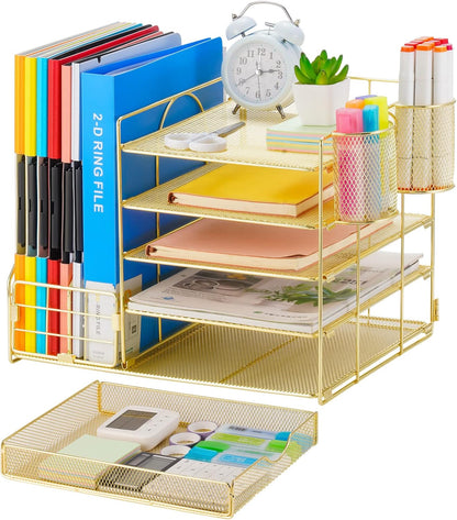 Marbrasse Desk Organizer with File Holder, 5-Tier Paper Letter Tray Organizer with Drawer and 2 Pen Holder, Mesh Desktop Organizer and Storage with Magazine Holder for Office Supplies(Black)