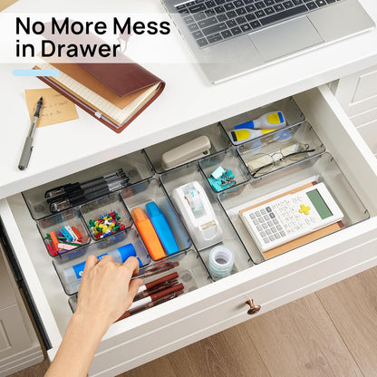 Vtopmart 25 PCS Clear Plastic Drawer Organizers Set, 4-Size Versatile Bathroom and Vanity Drawer Organizer Trays, Storage Bins for Makeup, Bedroom, Kitchen Gadgets Utensils and Office