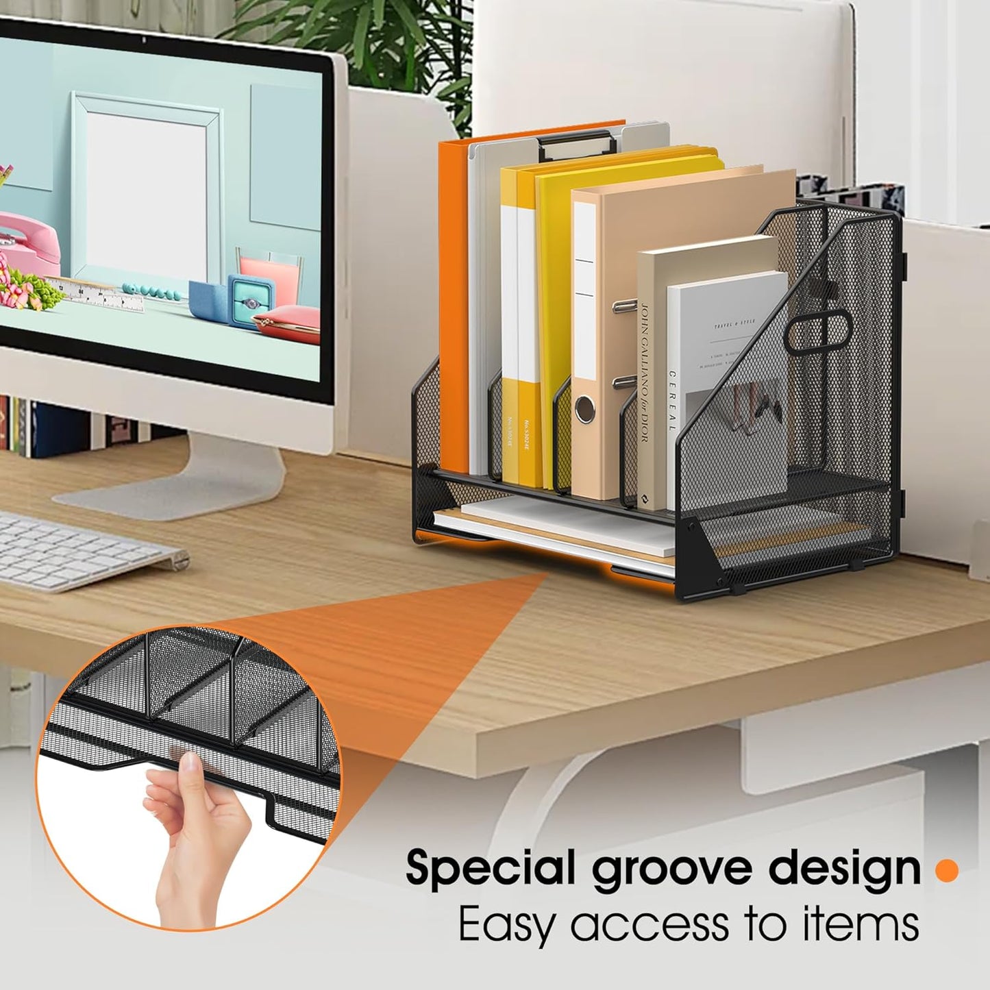 Desk File Folder Holder Organizer-5 Vertical Compartments Racks and Paper Letter Tray,Mesh Magazine File Holder Sorter,Desktop Accessories & Workspace Organizers for Home,Office,School-Black