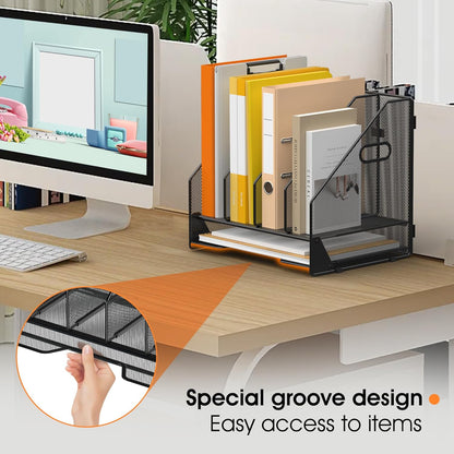 Desk File Folder Holder Organizer-5 Vertical Compartments Racks and Paper Letter Tray,Mesh Magazine File Holder Sorter,Desktop Accessories & Workspace Organizers for Home,Office,School-Black