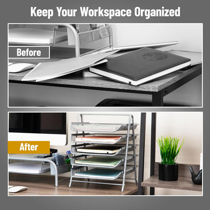 Mind Reader 5-Tier Paper Tray Organizer, Vertical Desktop File Storage Rack, Office, Metal Mesh, Black