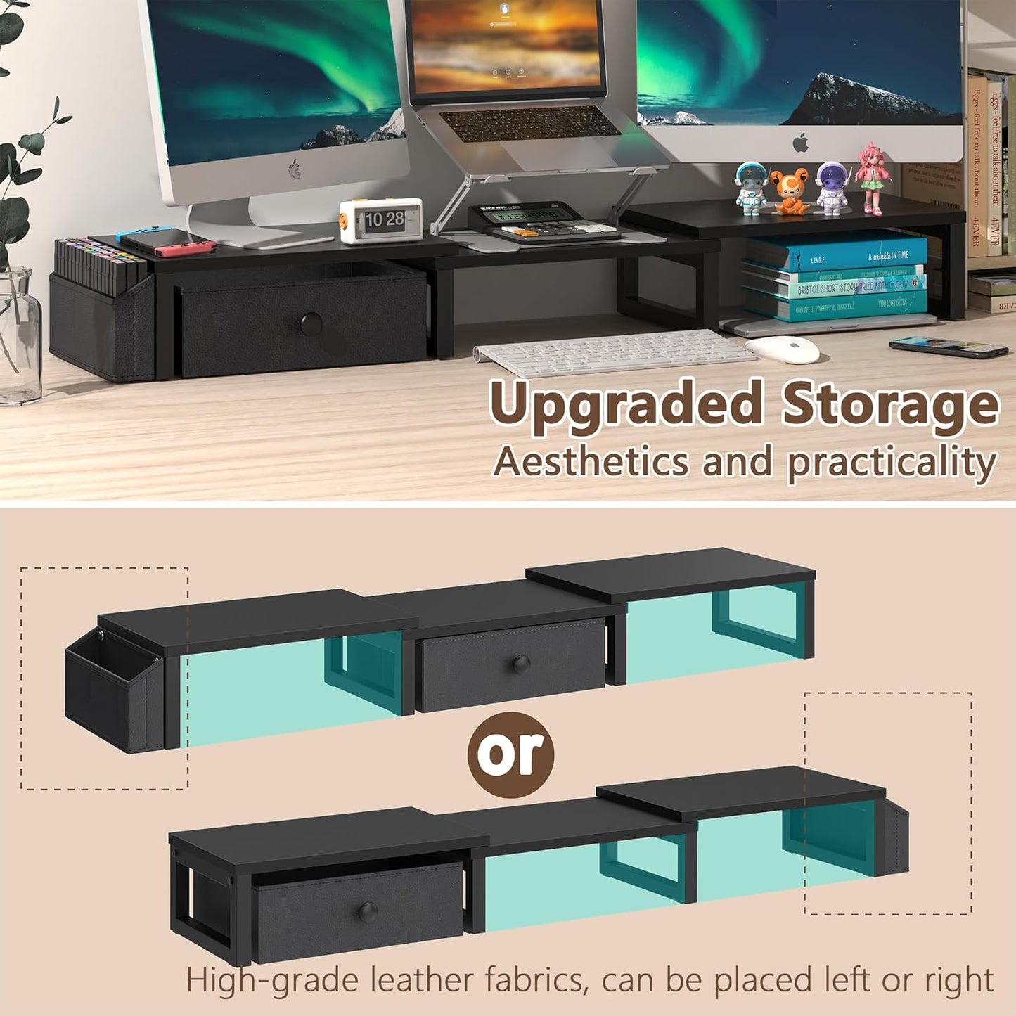 LAND·VOI Heavy Duty Dual Monitor Stand, Holds 2 Screens Up to 27 Inches, Adjustable Length and Angle Monitor Riser, Desk Organizer with Side Pockets and Drawers, Home Office Desk Storage, Rustic Brown