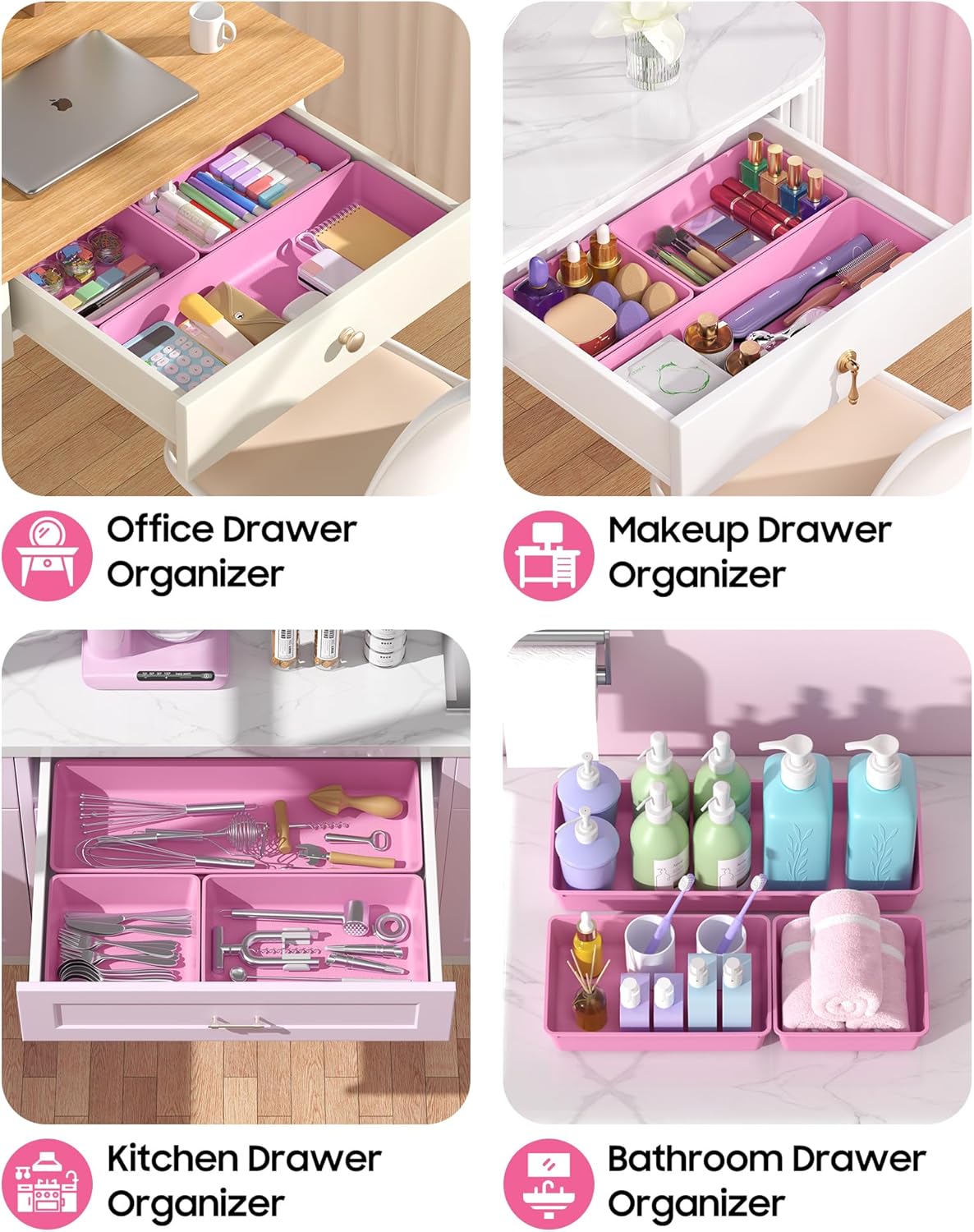 10 Pack Large Size Plastic Drawer Organizers Set, 3 Sizes Desk Drawer Organizer Trays, Storage Bins for Vanity, Makeup, Bathroom, Kitchen Utensils and Office (Black)