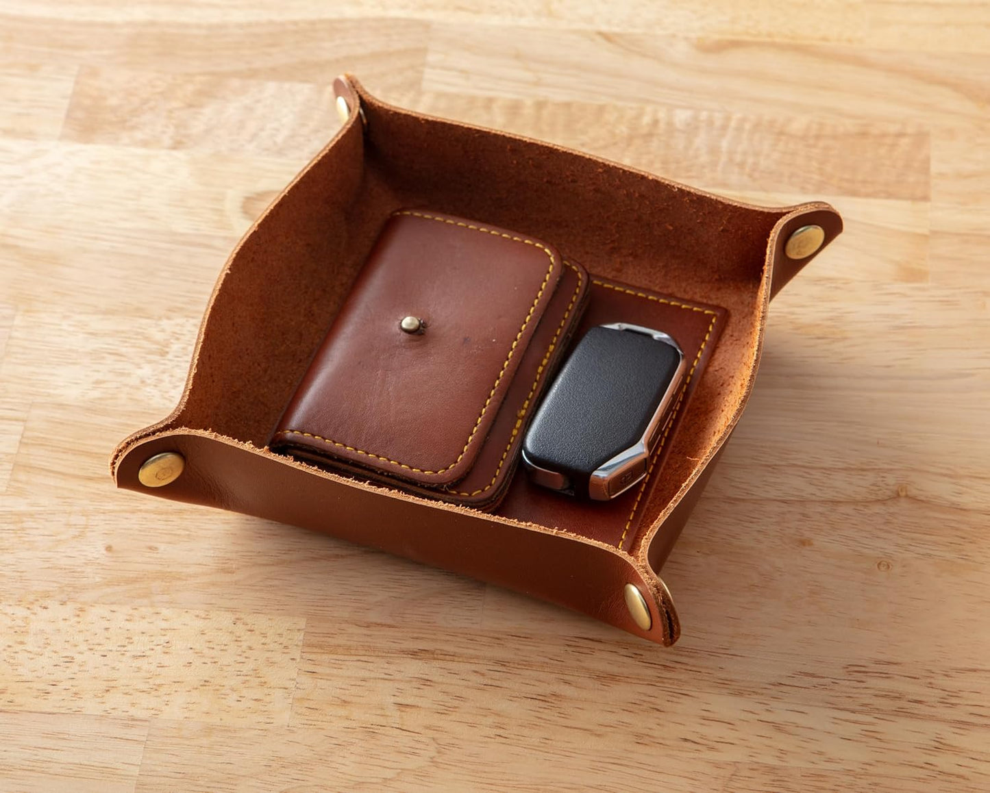 USA Handmade Premium Leather Valet Tray, Folds Flat! Dice Rolling Basket and Organizer with Brass Snaps - Reinforced Base - for Keys, Jewelry, Coin, EDC, Watch Storage Caddy - Black XLarge