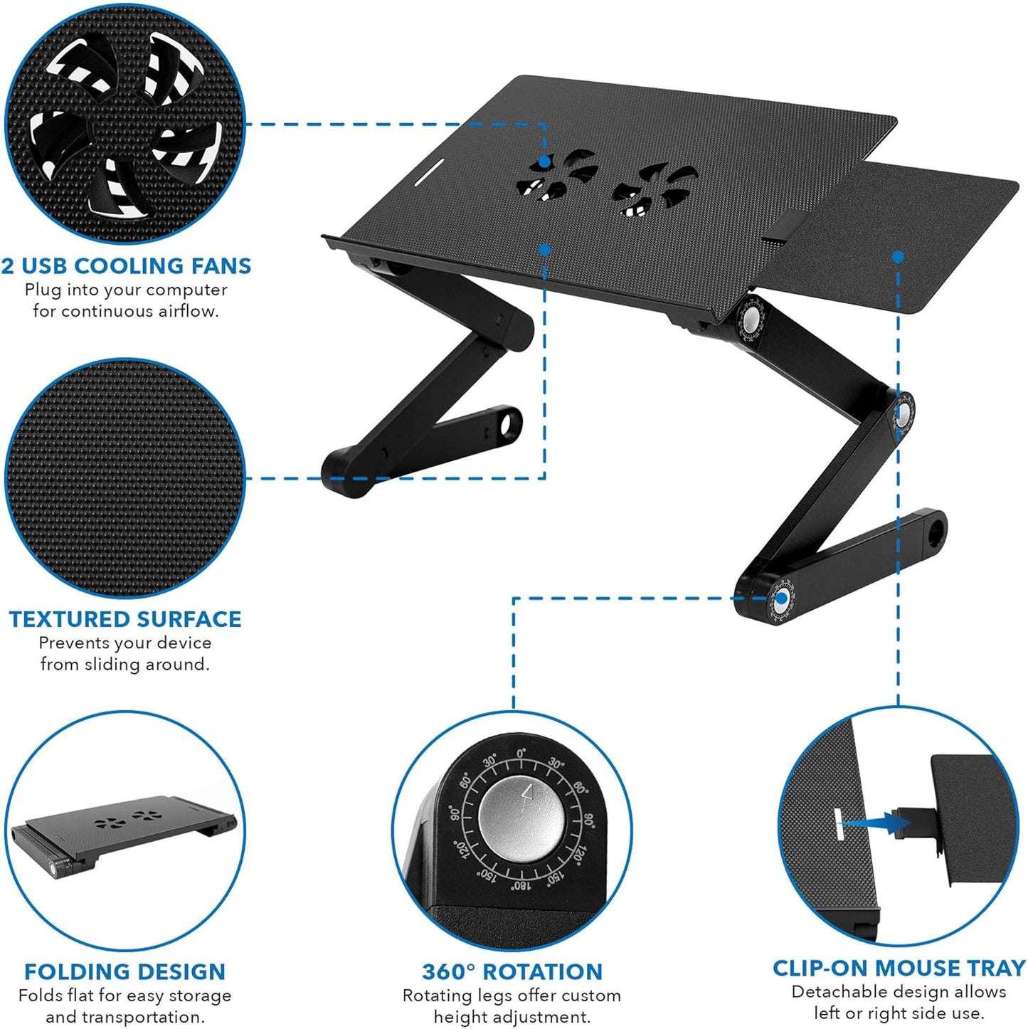 Mount-It! Adjustable Laptop Stand & Lap Desk with USB Cooling Fans, Large Aluminum Laptop Tray with Mouse Pad, Portable Sit-Stand Laptop Desk for Bed, Couch & Table