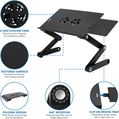 Mount-It! Adjustable Laptop Stand & Lap Desk with USB Cooling Fans, Large Aluminum Laptop Tray with Mouse Pad, Portable Sit-Stand Laptop Desk for Bed, Couch & Table
