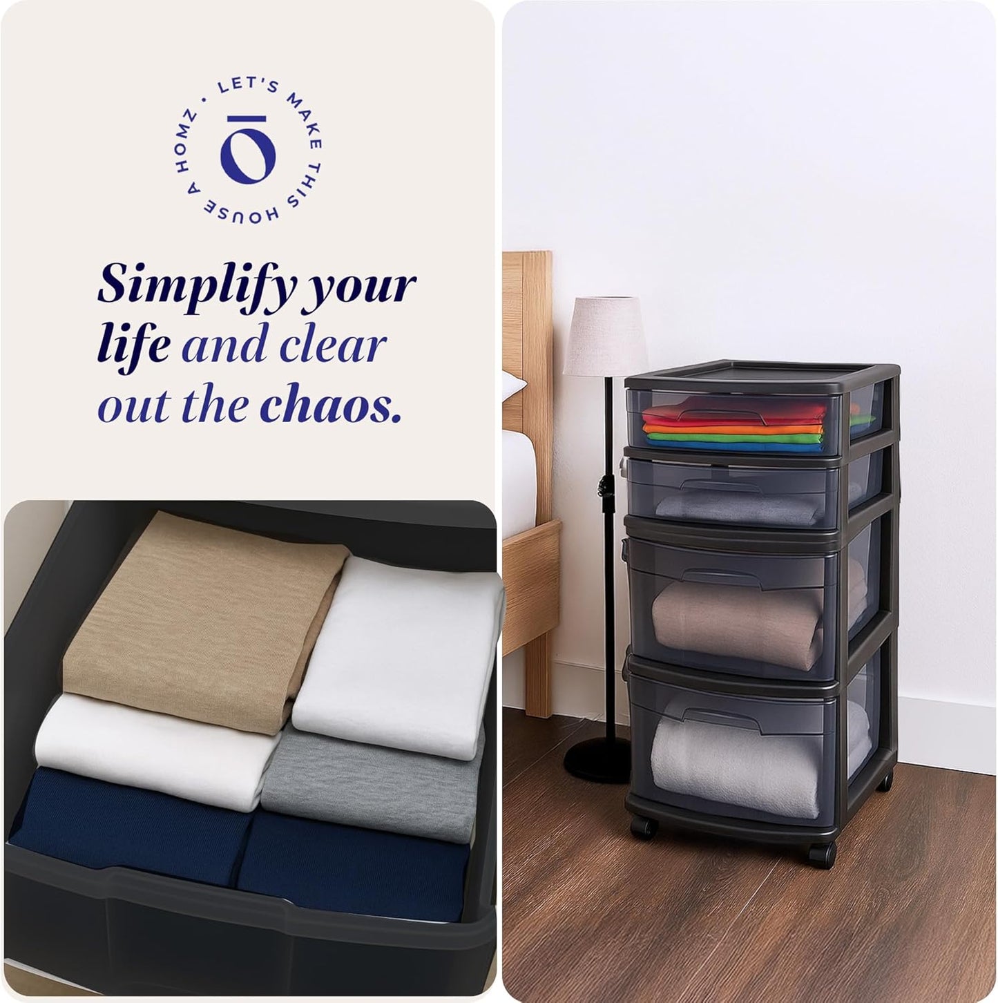 HOMZ Drawer Tower, 4-Tier Clear Plastic Storage Organizer Cart, Black Frame - Rolling Drawer Containers with Wheels for Bathroom, Bedroom, Office, and Classroom Organization