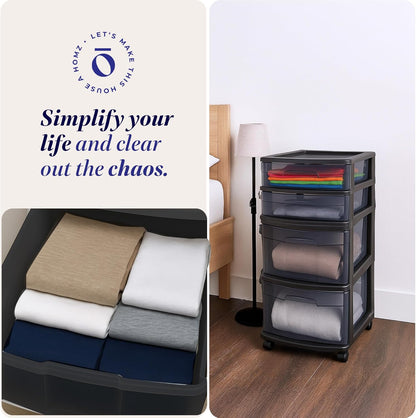 HOMZ Drawer Tower, 4-Tier Clear Plastic Storage Organizer Cart, Black Frame - Rolling Drawer Containers with Wheels for Bathroom, Bedroom, Office, and Classroom Organization
