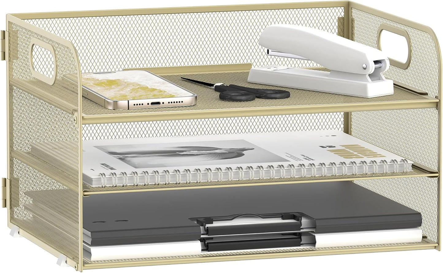 DALTACK 3 Tier Paper Organizer with Handle, Mesh Metal Desk Organizer with Sliding Paper Trays for Letter/A4 Paper, Mail, Bills & Folders, Black