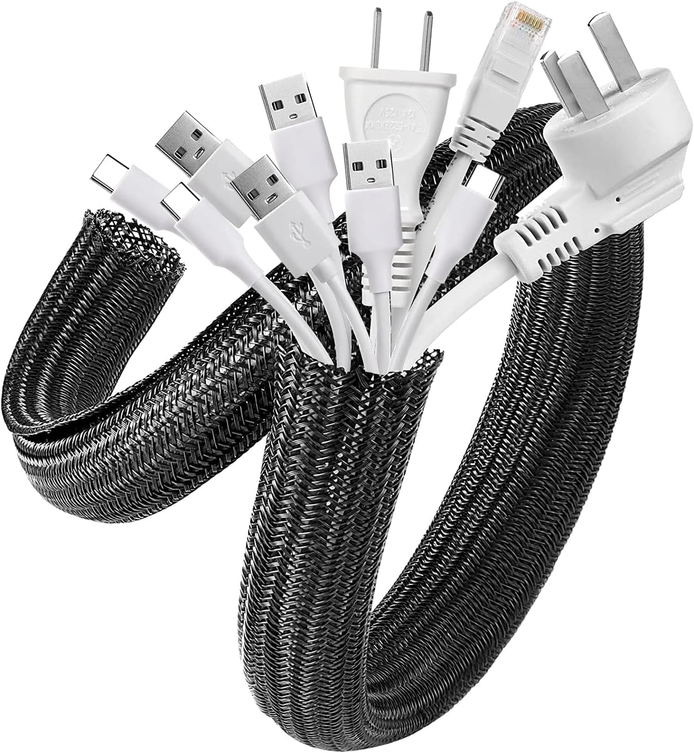 AGPTEK White Cable Sleeve, 2 Pack 5ft - 1.2 Inch Cable Management, Desk Cord Cover Organizer Wire Hider for Computer TV Wire Loom Tubing, Pet Proof Cord Protector from Cat Dog Chewing, White