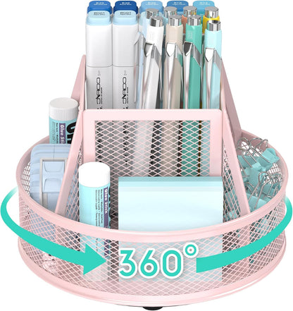 YINGHUA Metal Mesh Desk Organizer with 5 Compartments and Rotating Pencil Holder Pen and Stationery Organizer for Office Home School Anti Slip Base Blue