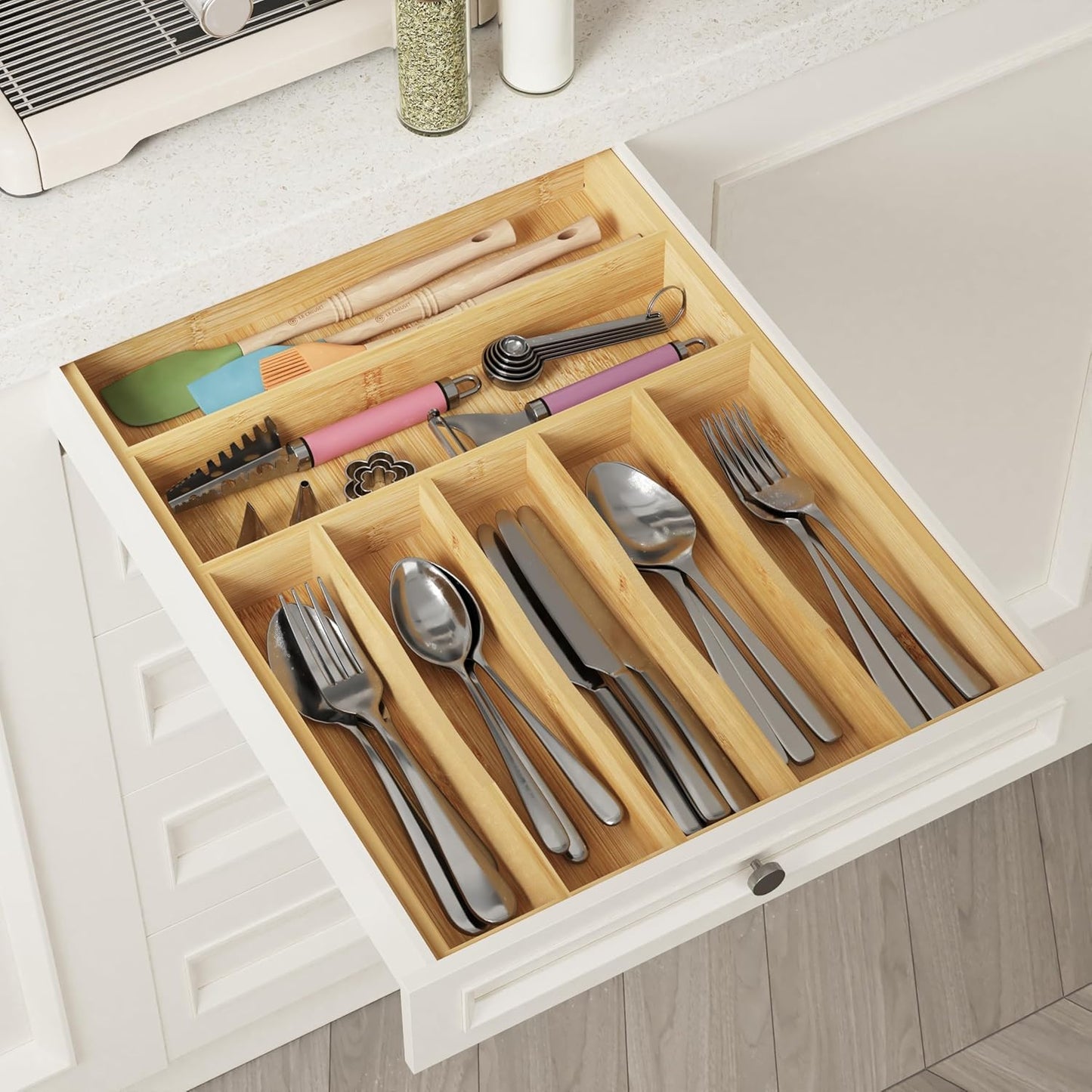 BAMEOS drawer organizer flatware organizer cutlery tray silverware organizer expandable adjustable bamboo drawer organizer kitchen bathroom