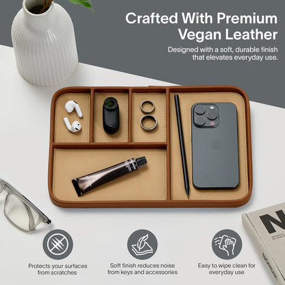 Nordik Leather Valet Tray - Pebble Black - 9.5 x 7.9 Inch Medium Vegan Leather Tray - Stylish Nightstand Organizer for Men - Modern Bedside Caddy - EDC Catchall for Key Watch Wallet Jewellery