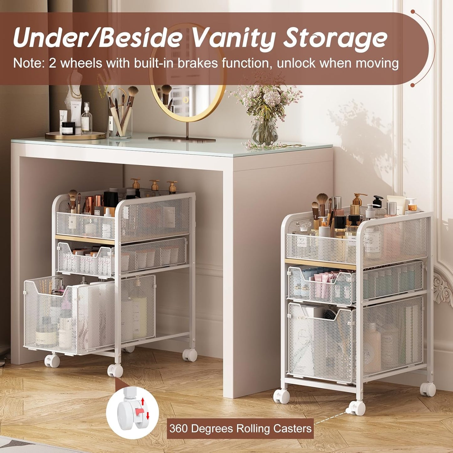 Hongtamoya Rolling Makeup Cart Organizer with 2 Drawers, Narrow Floor Skincare Organizers, Vanity Organizer Cosmetics Display Cases Holder for Skin Care Nail Polish Perfume Makeup Brush, White