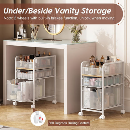 Hongtamoya Rolling Makeup Cart Organizer with 2 Drawers, Narrow Floor Skincare Organizers, Vanity Organizer Cosmetics Display Cases Holder for Skin Care Nail Polish Perfume Makeup Brush, White