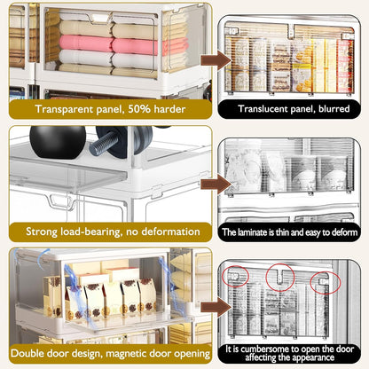 Kmiectse Clear Storage Bins with Lids - 4 Tier Plastic Bins with Wheels, Stackable Storage Bin, Closet Organizers Box for Bedroom, Living Room, 23 QT Folding Box with Magnetic door