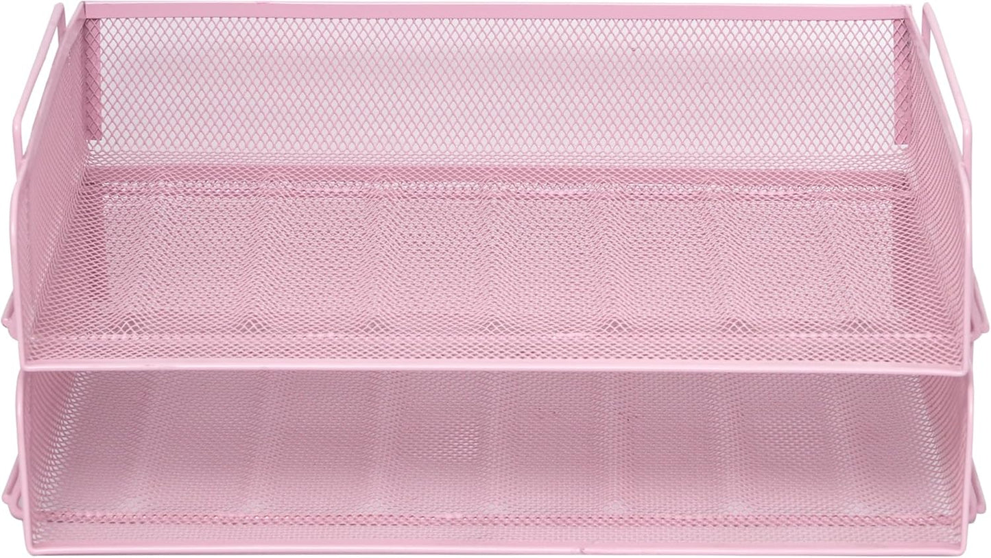 EASEPRES 2 Pack Stackable Desk Paper Tray, Metal Mesh Desktop Document Letter File Organizer for Office Home School, 13.5'' L x 9.75'' W x 5.5'' H, White
