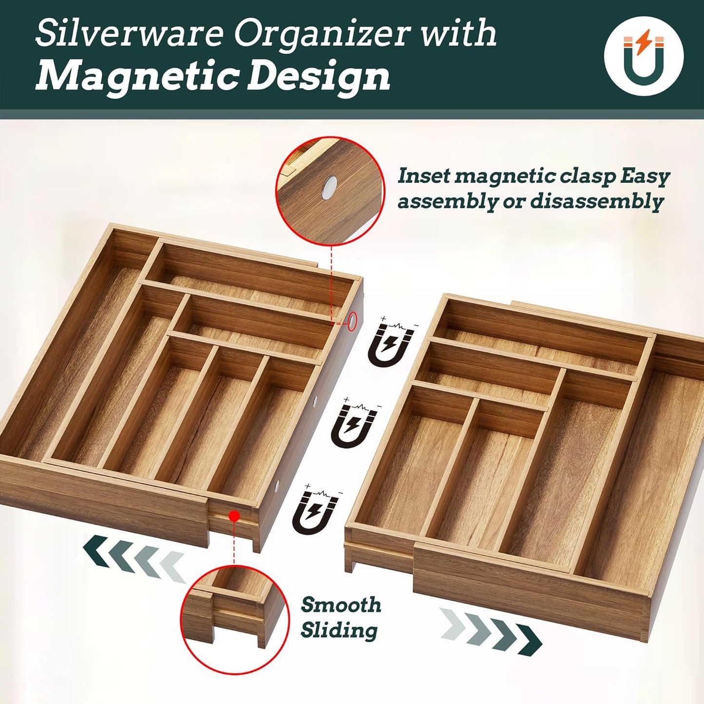 Silverware Organizer Large, Magnetic Connected Expandable 13 Slots Silverware Drawer Organizer From 21 to 37.4 Inches, Adjustable Flatware and Cutlery Holder, Bamboo Utensil Tray for Kitchen Natural