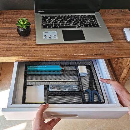 Metal Mesh Desk Drawer Organizer Tray, 6-Compartment Office Drawer Organizer for Pens Supplies, 12.6"x8.27"x1.57" Black