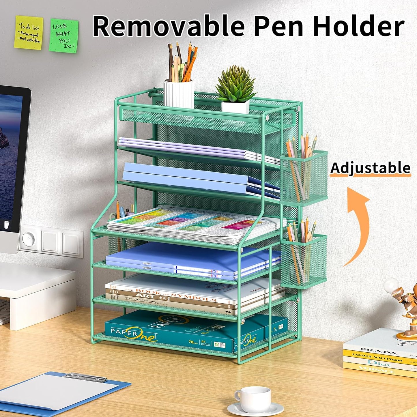 7 Tier Desk File Organizer – Vertical File Organizer for Desk with Removable Pen Holder & Adjustable Pull-out Drawer – Metal Document Organizer for Office, Simple Trending Design – Black