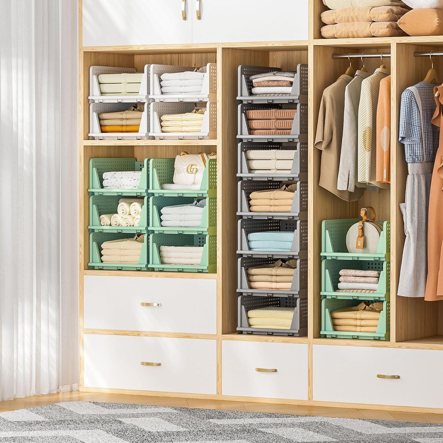 Neprock Stackable Plastic Storage Drawers for Closet Organizers and Storage,4 Pack Open Storage Bins Closet Shelf Clothes Organizer for Closet Wardrobe(4L)